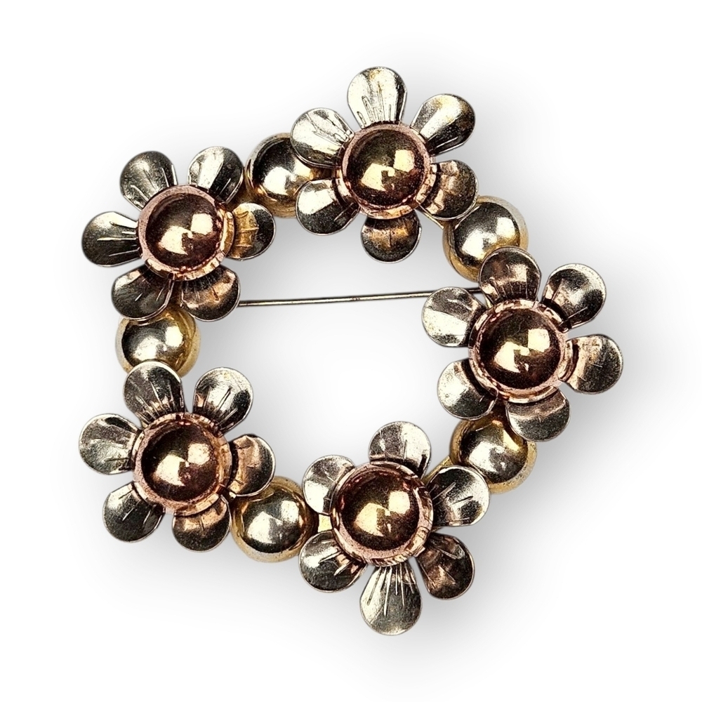 Vintage Flower Wreath Brooch Copper Silver Tone Mod Riveted Dimensional 2.75"